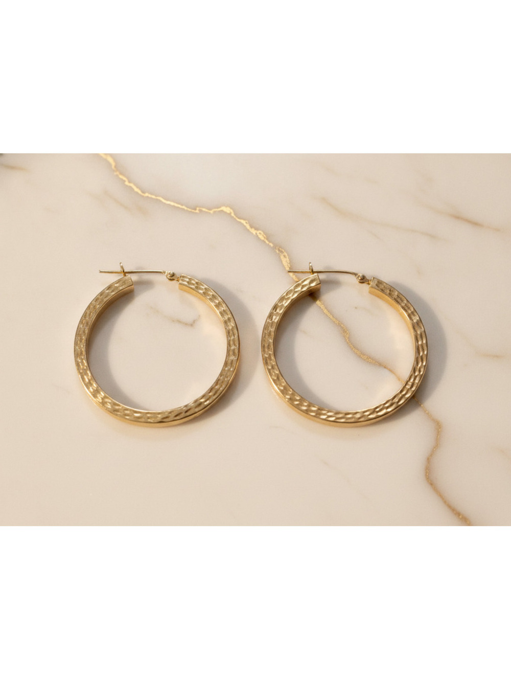 14K Gold Hammered Hoop Earrings, 1.1 Inch Diameter, 2.29g